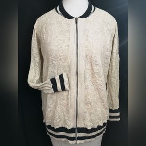 Free People Ivory Combo Lace Track Jacket  Size S Varsity Oversized Full Zip
